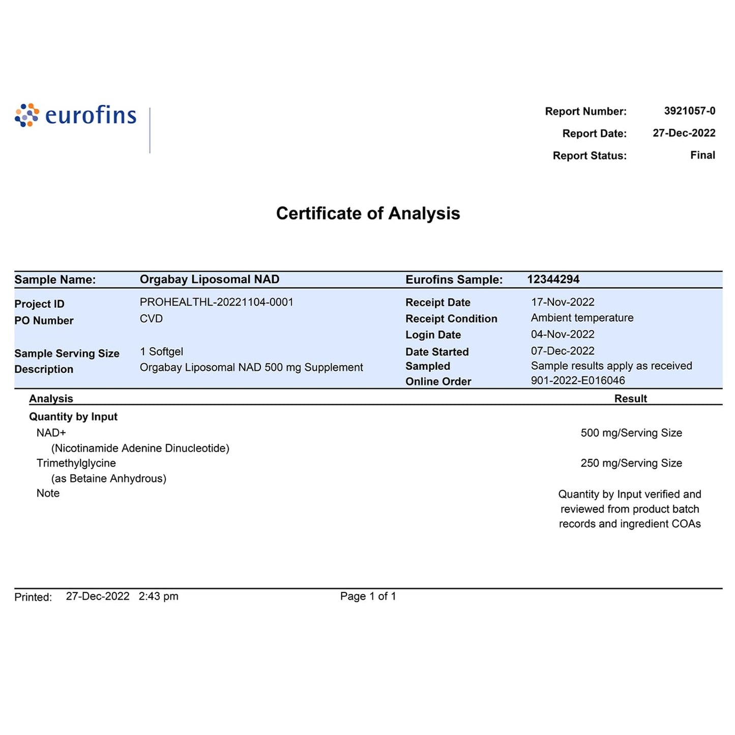 Orgabay Liposomal NAD+ Supplement 500 mg with 250 mg TMG — High Absorption, 180 Softgels
