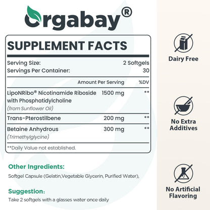 Orgabay Liposomal Nicotinamide Riboside 2000 MG with TMG & Pterostilbene | NAD+ Support, 240 Count