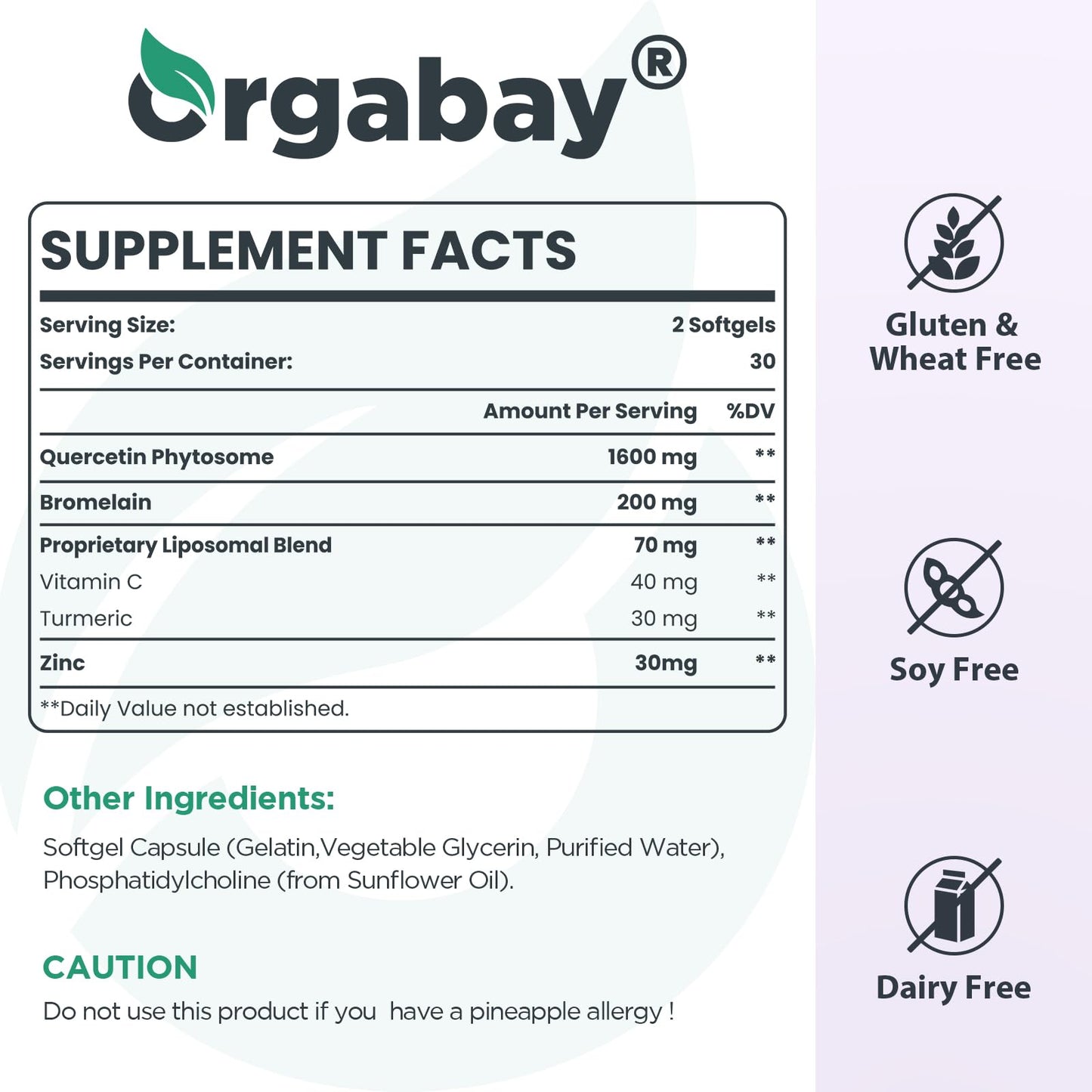 Orgabay Liposomal Quercetin Phytosome 1600 mg – 360 Softgels | Bromelain 200 mg, Zinc 30 mg, Vitamin C, Turmeric