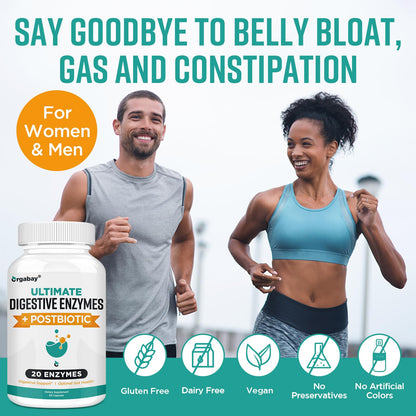 Orgabay Digestive Enzymes 1000mg with Postbiotics | 120 Veggie Capsules