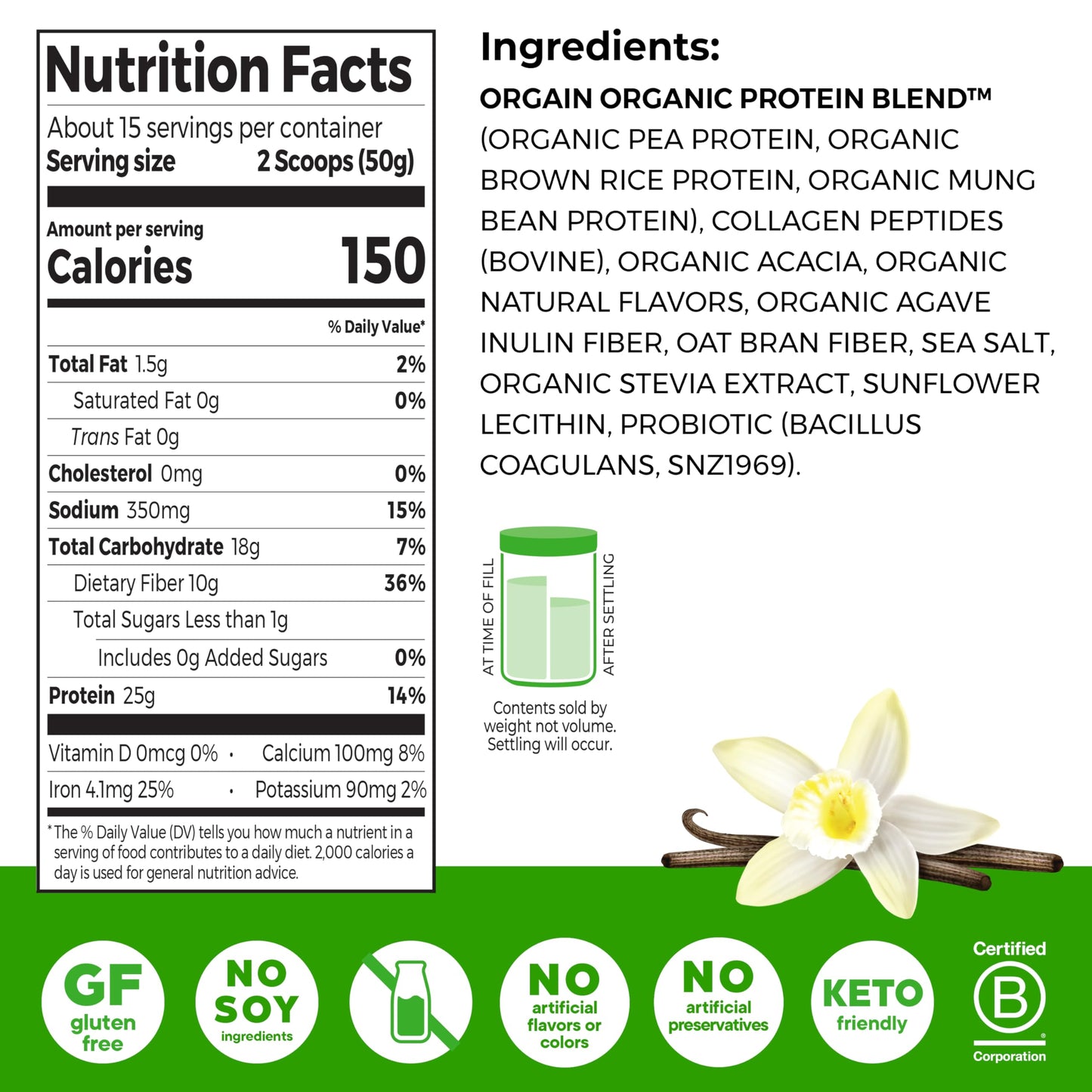 Orgain Protein Powder + Collagen, Vanilla Bean — 25g Protein, 10g Collagen, 1B Probiotics, Gluten Free