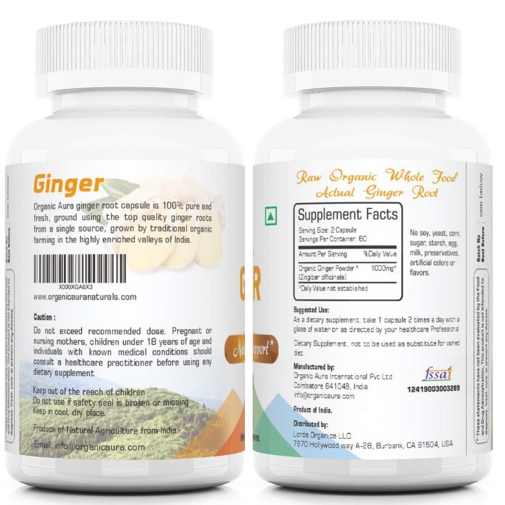 Organic Aura Ginger Capsules – 120 Veg Capsules (2 Month Supply)