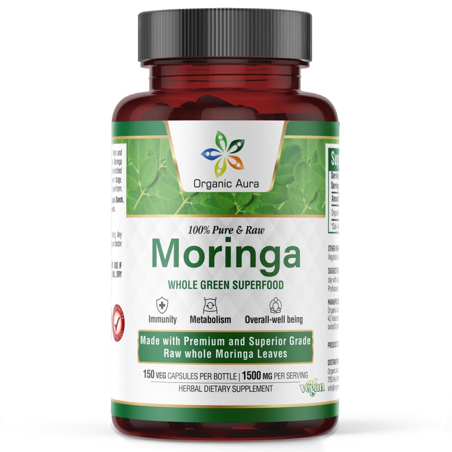 Organic Aura Moringa Leaf Capsules - 1500mg, 150 Veg Capsules, Non-GMO