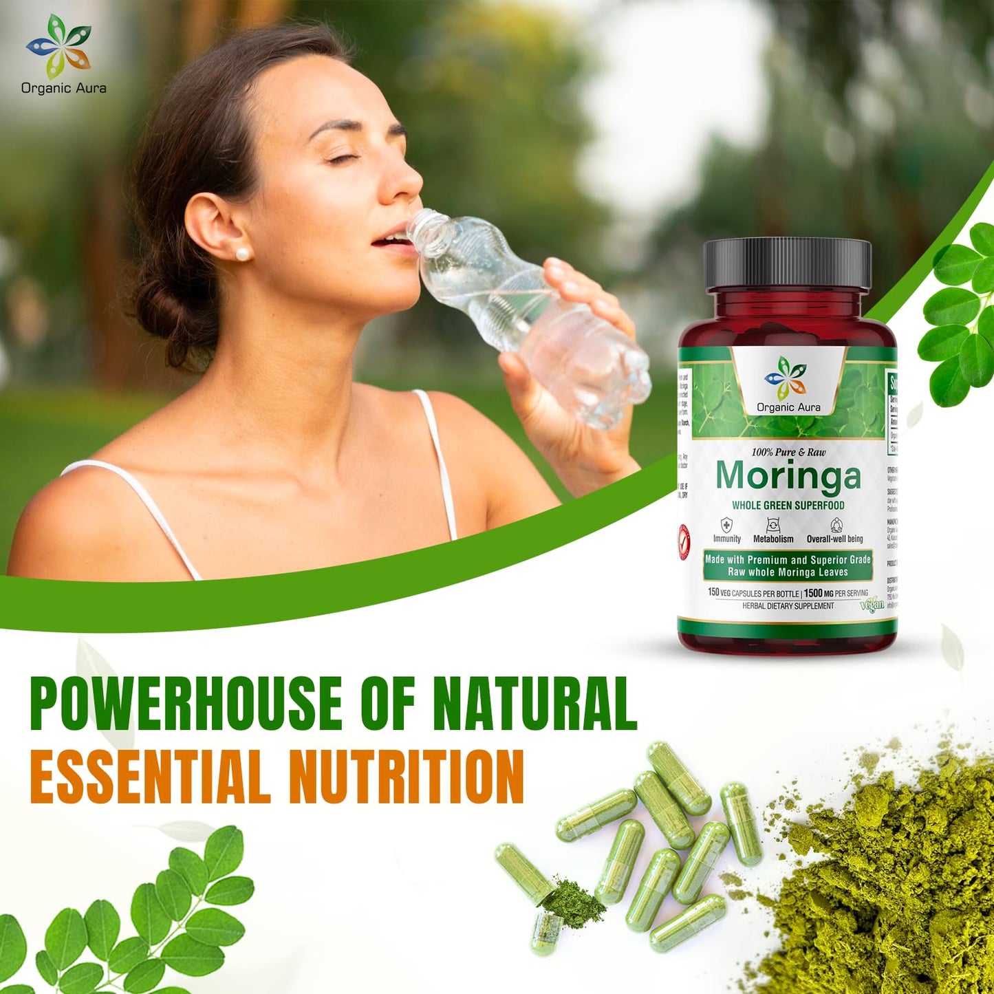 Organic Aura Moringa Leaf Capsules - 1500mg, 150 Veg Capsules, Non-GMO