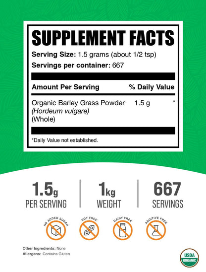 BulkSupplements Organic Barley Grass Powder – Green Superfood, 1kg, 1.5g Serving – Vegan