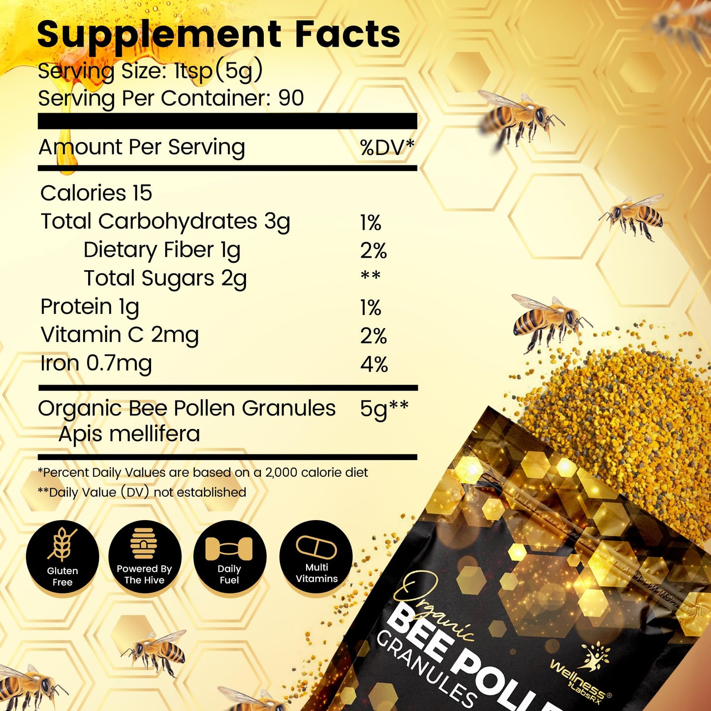 Organic Bee Pollen Granules 2 Lbs - WellnessLabsRx | Immune Support, Energy & Digestive Wellness - Gluten-Free - USA Made