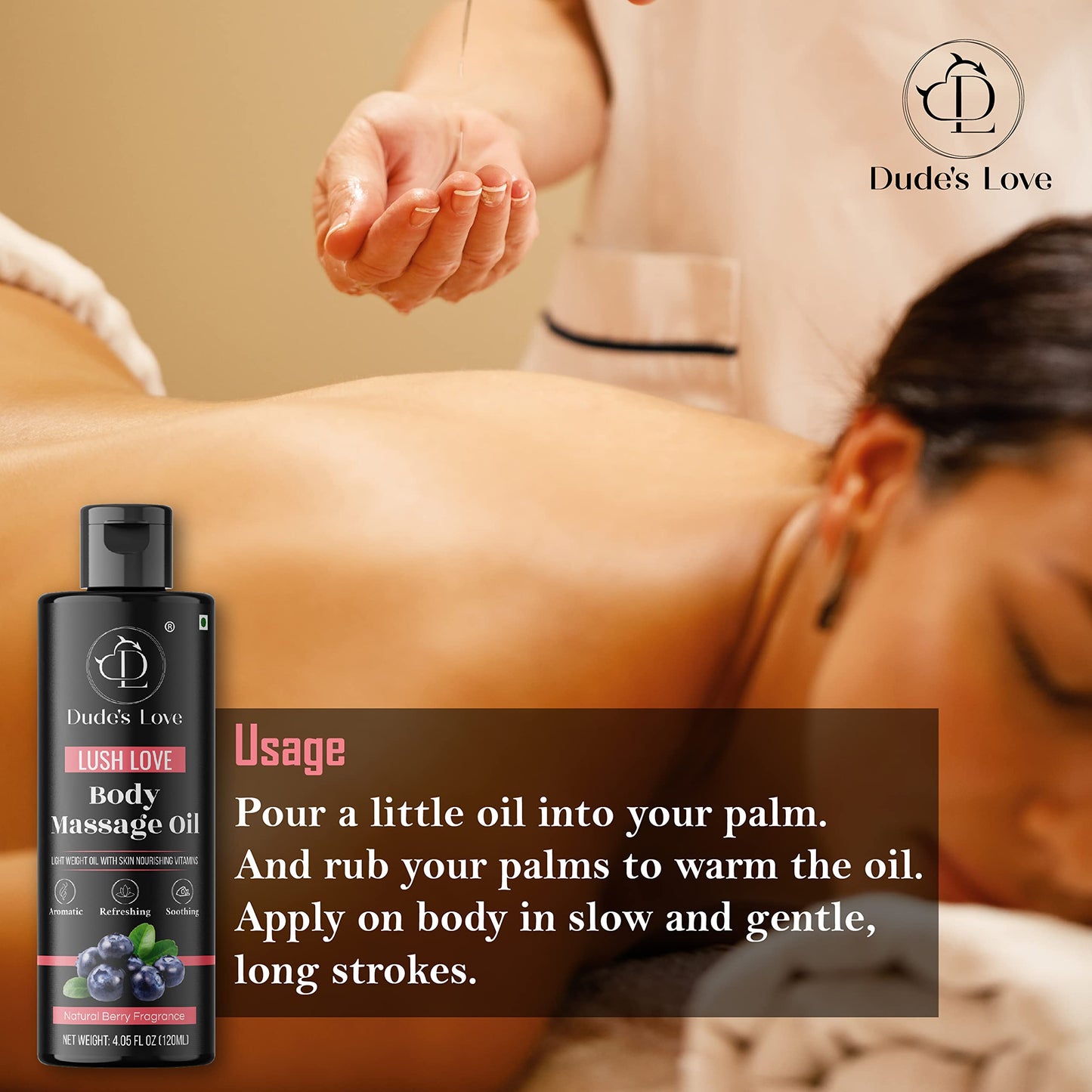 Organic Berry Full Body Massage Oil - Revitalising & Detoxifying | No Stain & Non-Sticky | with Fractionated Coconut Oil, Lime & Juniper Berry Oil - 4.05 Fl Oz