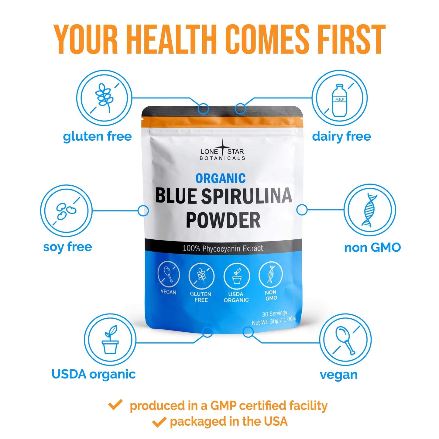 Lone Star Botanicals Organic Blue Spirulina Powder – 300 Servings, Non-GMO, Vegan, Gluten-Free, USDA Certified