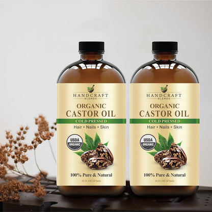 Handcraft Blends Cold-Pressed Organic Castor Oil 16 Fl Oz | Glass Bottle | 100% Pure & Natural | Premium Grade Carrier Oil | Hair, Eyelashes and Eyebrows | Hair and Body