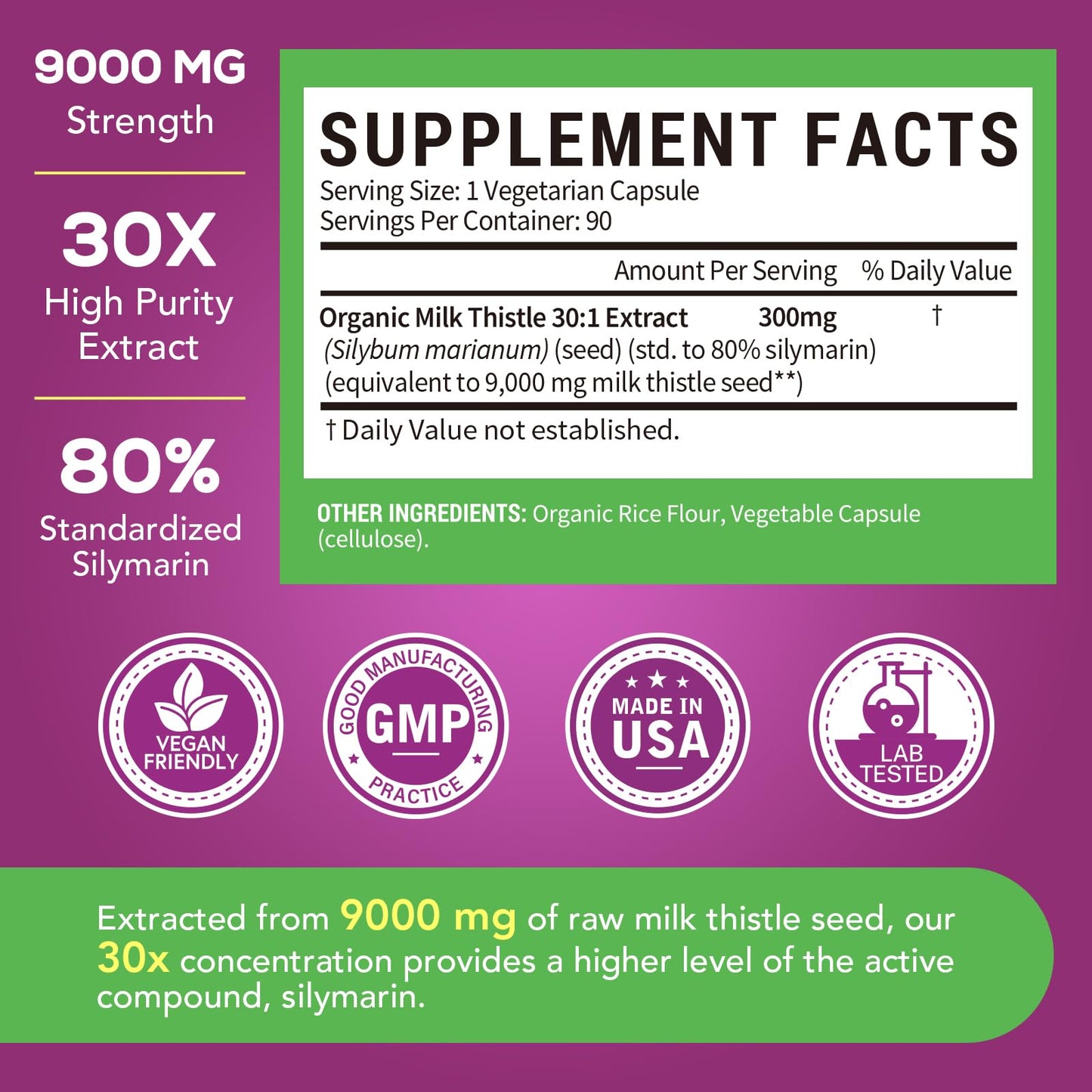 Organic Milk Thistle 9000 mg Equivalent – 30X Extract, 80% Silymarin, Liver Support, 90 Veggie Caps