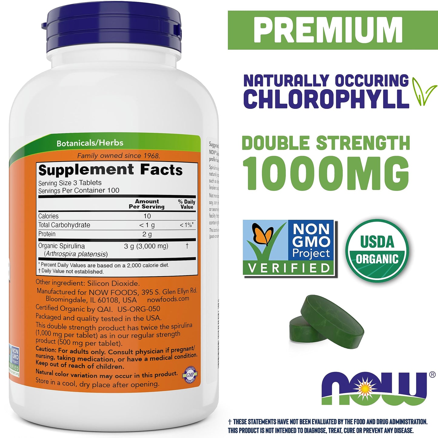 NOW Foods Organic Spirulina 1000mg Tablets – 300 Count, Non-GMO