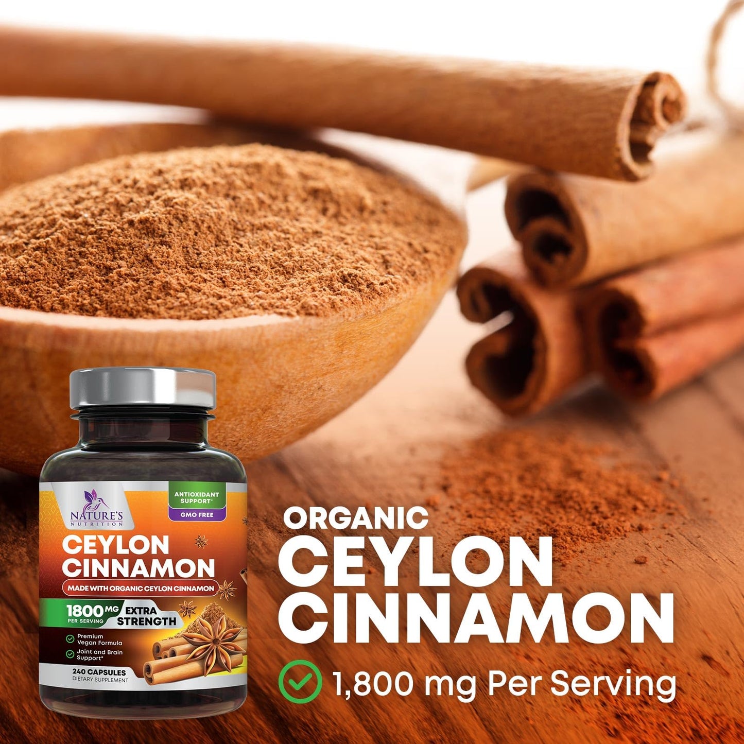 Organic Ceylon Cinnamon 1800mg Supplement – 240 Capsules (USA Bottled)