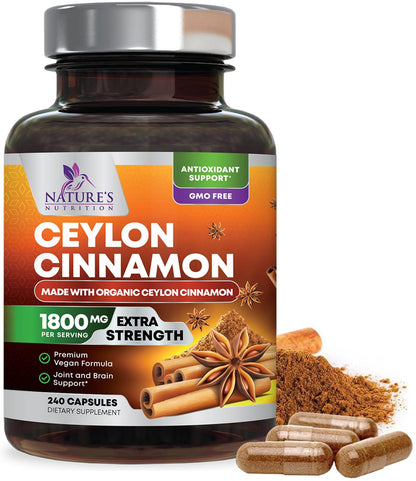 Organic Ceylon Cinnamon 1800mg Supplement – 240 Capsules (USA Bottled)