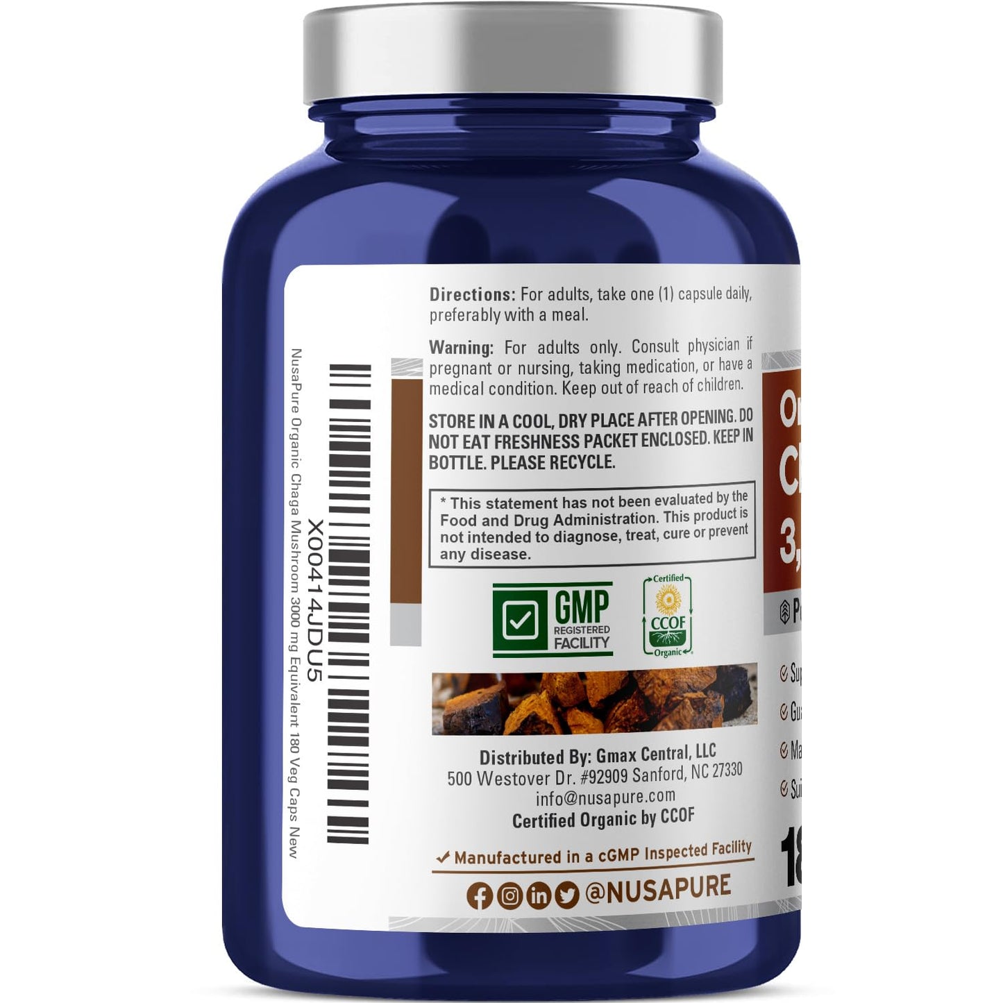 NusaPure Chaga 20:1 Extract – 150 mg (3000 mg) per Capsule, 180 Count, USDA Organic, Vegan, Non-GMO, Pack of 2