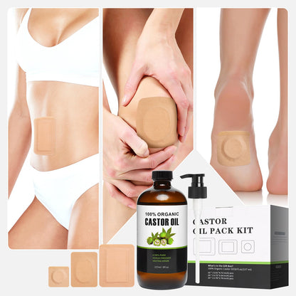 40 Pcs Castor Oil Pack Wrap – Self-Adhesive Patches + 8oz Organic Oil (237ml)