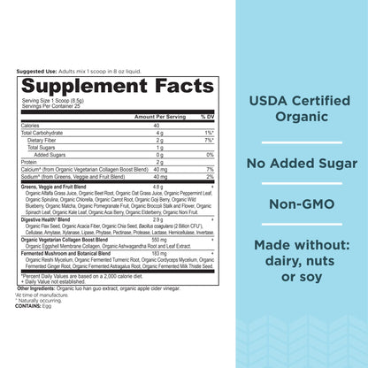 Ancient Nutrition Supergreens Powder – Organic Greens with Collagen, 25 Servings