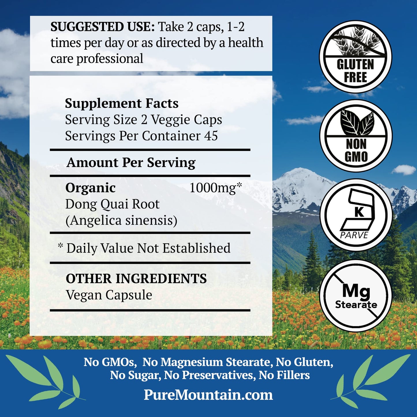 Pure Mountain Botanicals Dong Quai Capsules – 500mg Organic Dong Quai Root, Kosher & Vegan