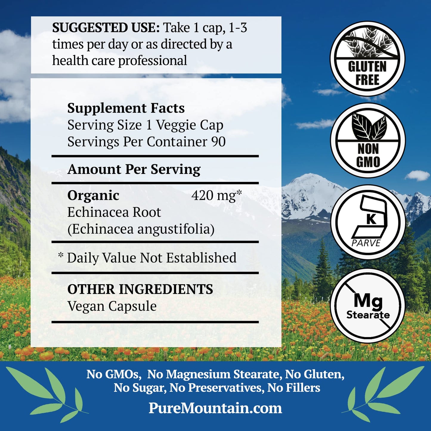 Pure Mountain Botanicals Echinacea Capsules – 420mg Organic Echinacea Root, Kosher & Vegan