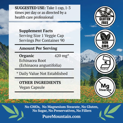 Pure Mountain Botanicals Echinacea Capsules – 420mg Organic Echinacea Root, Kosher & Vegan