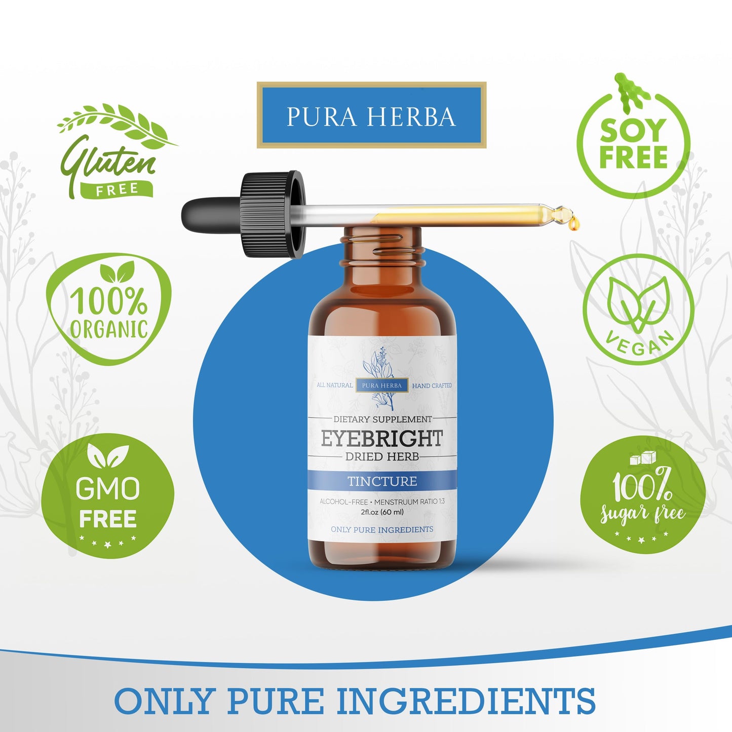 Pura Herba Eyebright Herb 2 Fl Oz Extract | Eyebright Drops Tincture - Alcohol Free, Vegan