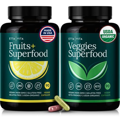 Etta Vita 100% Organic Fruits & Veggies, 180 Capsules – Vegan, Non-GMO, Made in USA