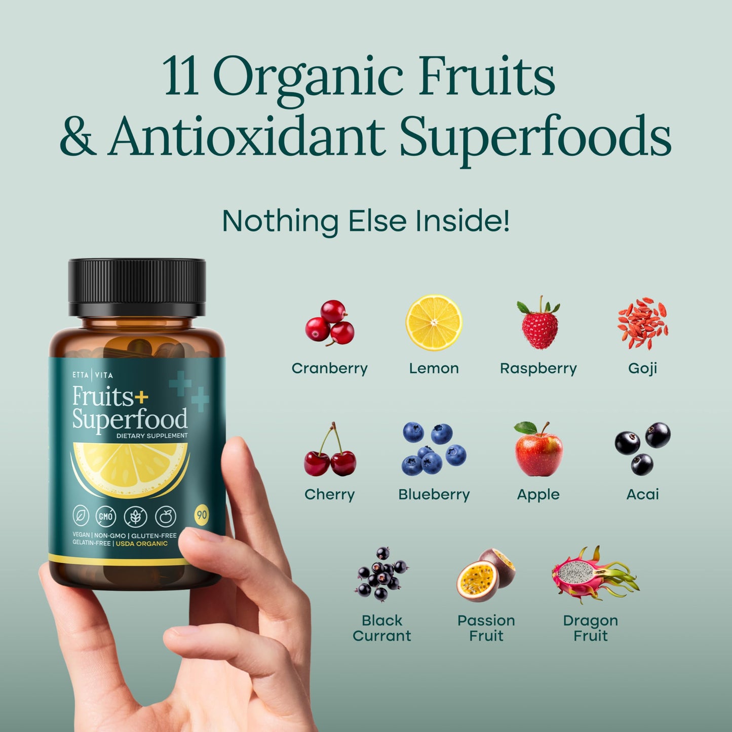 Etta Vita 100% Organic Fruits & Veggies, 180 Capsules – Vegan, Non-GMO, Made in USA