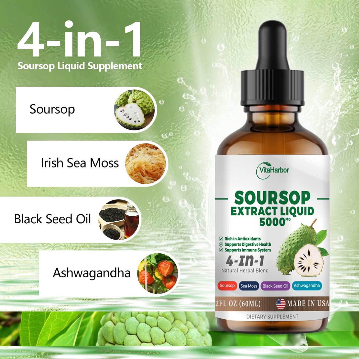 4-in-1 Soursop Bitters Liquid – Sea Moss, Black Seed Oil & Ashwagandha for Immune & Digestive Support (2 oz) | Sugar-Free, Non-GMO, Vegan