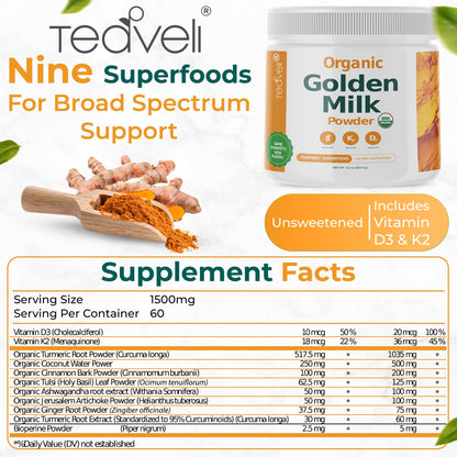 Organic Golden Milk Powder (Leche Dorada organica) with Turmeric, Ginger, Curcumin, Cinnamon, KSM66 Ashwagandha, Tulsi & Natural Prebiotics – Delicious Vegan-Friendly, Unsweetened Turmeric Tea Latte