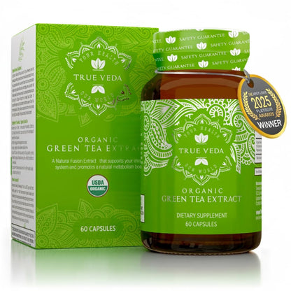 True Veda USDA Organic Green Tea Extract Capsules with EGCG – 60 Vegan Capsules, Low Caffeine