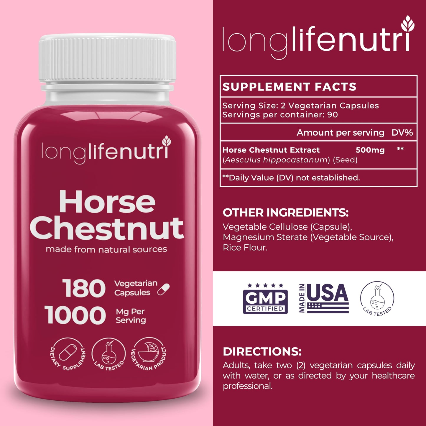 Horse Chestnut Extract 500mg - 180 Veg Capsules | Organic Daily Wellness & Circulation | Made in USA