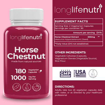 Horse Chestnut Extract 500mg - 180 Veg Capsules | Organic Daily Wellness & Circulation | Made in USA