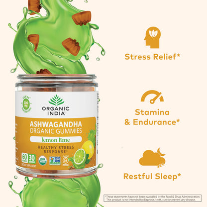ORGANIC INDIA Ashwagandha Gummies - KSM-66 Stress Support, Lemon Lime, 60 Gummies