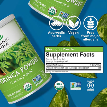 Organic India Moringa Powder – Moringa Oleifera Leaf Green Superfood, 2-Pack, USDA Organic