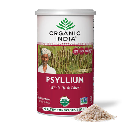 Organic India Psyllium Herbal Powder – Whole Husk Fiber, 12 oz Canister, 3 Pack | Keto, Vegan, Gluten-Free, USDA Organic