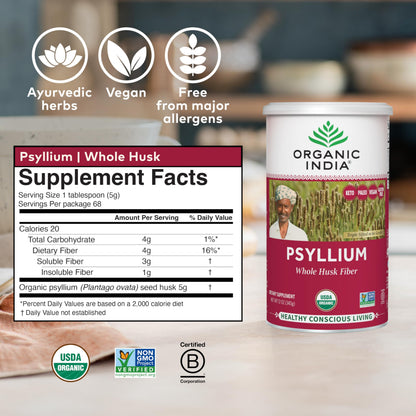 Organic India Psyllium Herbal Powder – Whole Husk Fiber, 12 oz Canister, 3 Pack | Keto, Vegan, Gluten-Free, USDA Organic