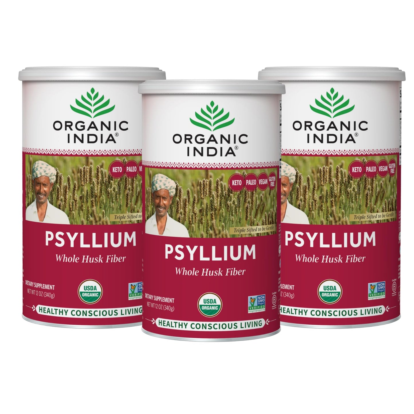 Organic India Psyllium Herbal Powder – Whole Husk Fiber, 12 oz Canister, 3 Pack | Keto, Vegan, Gluten-Free, USDA Organic