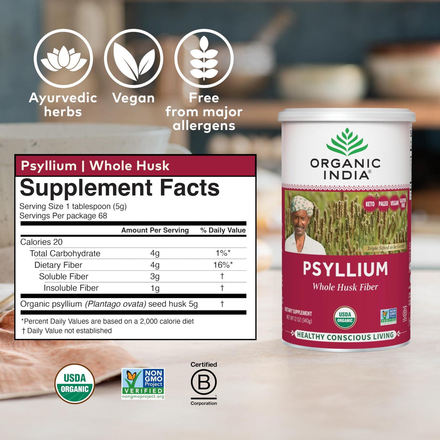 Organic India Psyllium Herbal Powder – Whole Husk Fiber, 12 oz Canister, 3 Pack | Keto, Vegan, Gluten-Free, USDA Organic