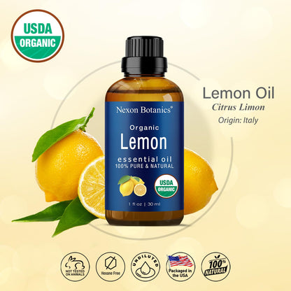 Organic Lemon Essential Oil 30 ml – Nexon Botanics | Pure, Natural, Undiluted Lemon Oil for Aromatherapy, Diffusers, DIY, Candles & Soaps