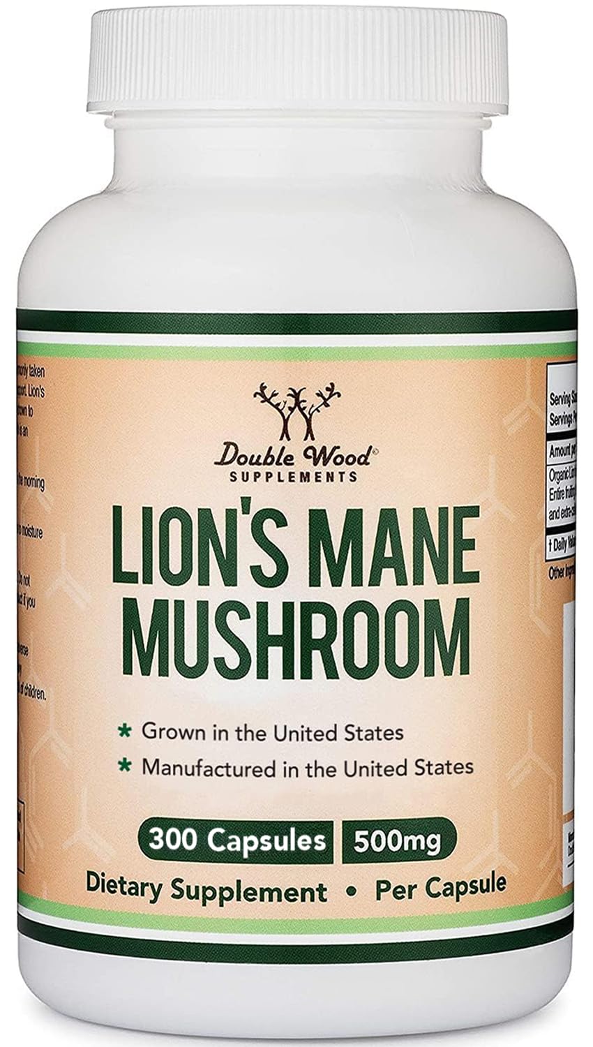 Double Wood Organic Lions Mane Capsules (300 ct) – Focus & Immune Support, USA-Grown