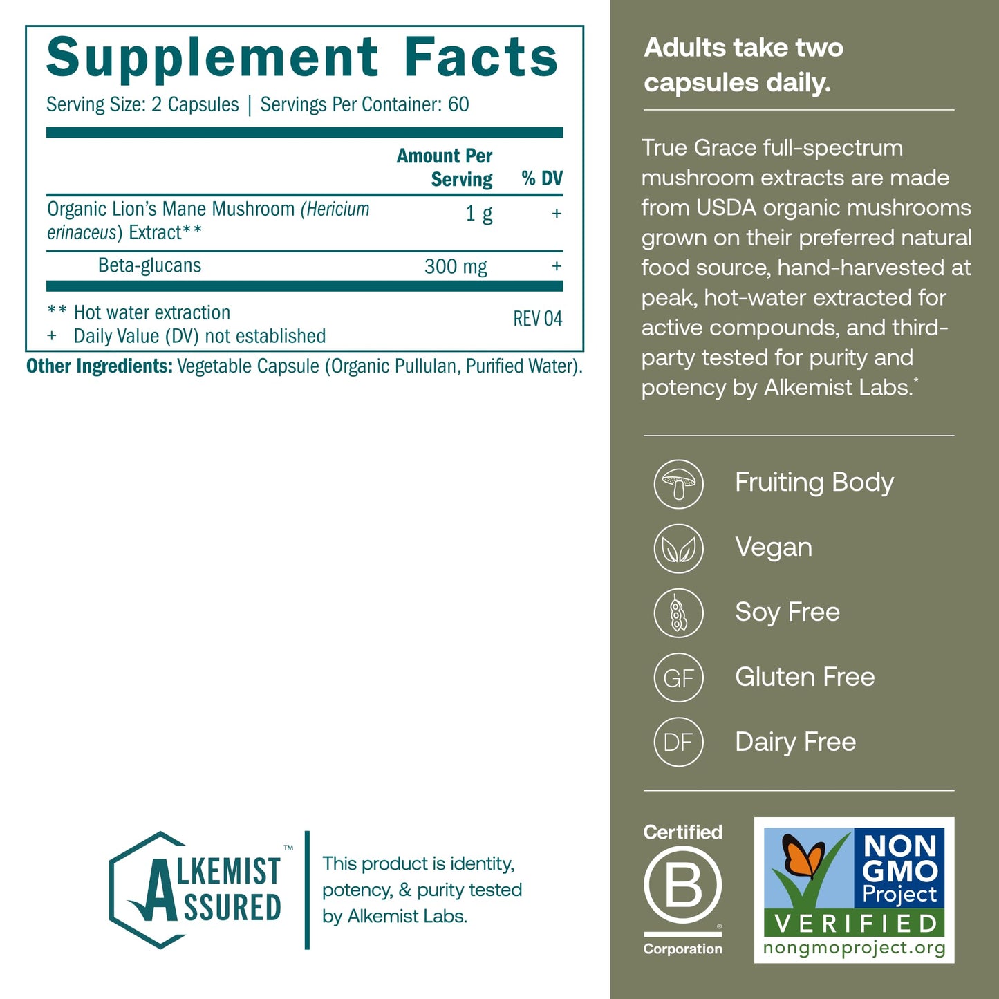 True Grace Lion's Mane Mushroom – Brain, Nerve & Cognitive Support | 120 Count Capsules | Organic