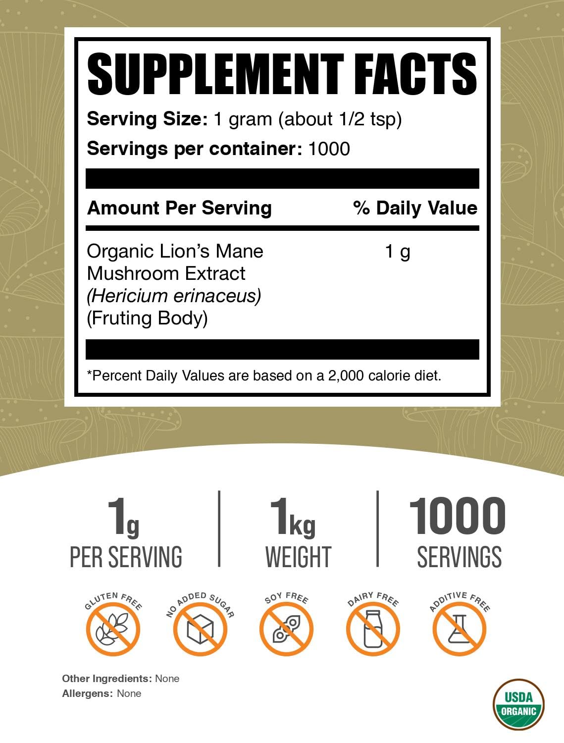BulkSupplements Organic Lion's Mane Mushroom Extract Powder | Vegan, 1g/Serving, 1kg