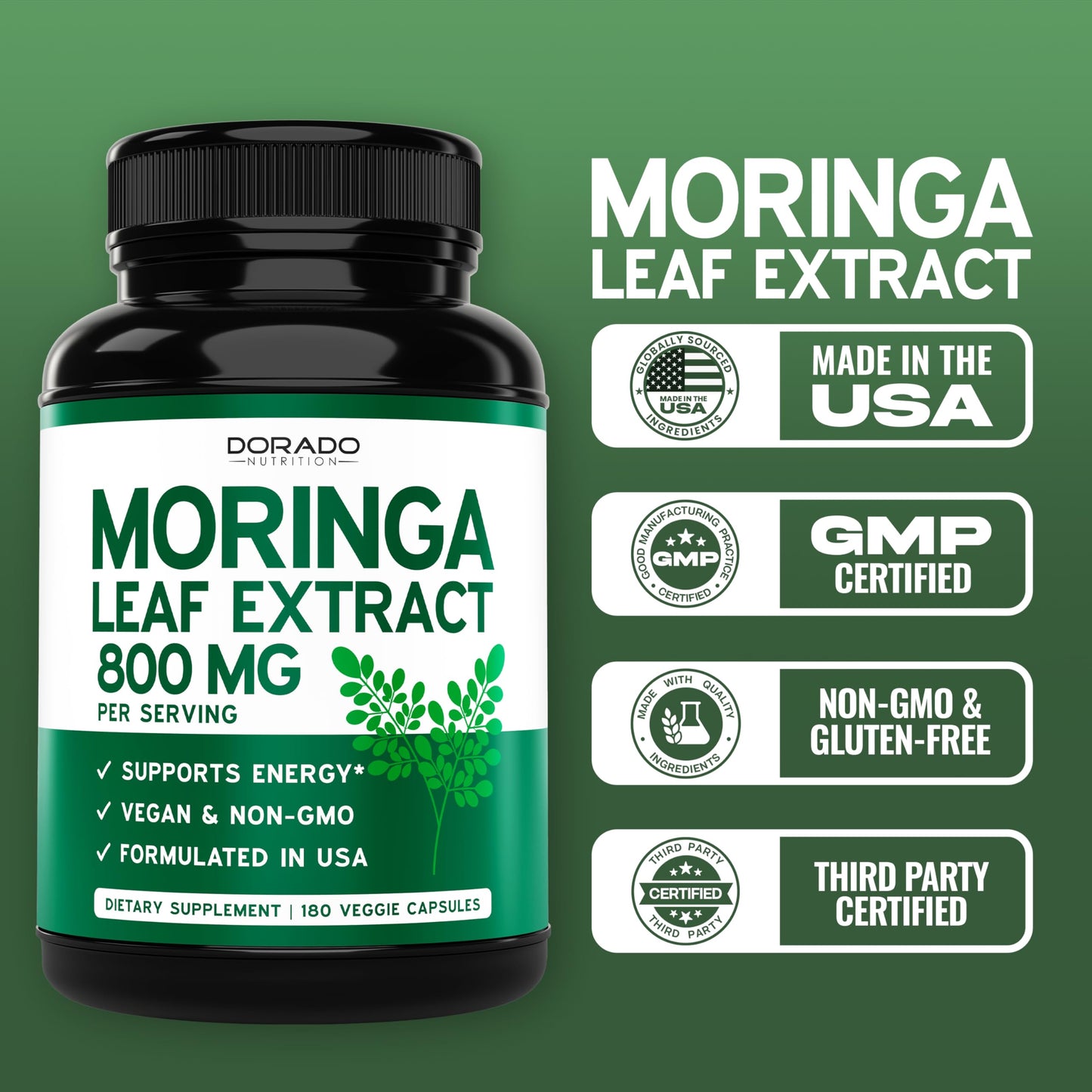 Organic Moringa Capsules 40,000mg | 180 Capsules | 3 Month Supply | Vegan, Non-GMO, USA Made