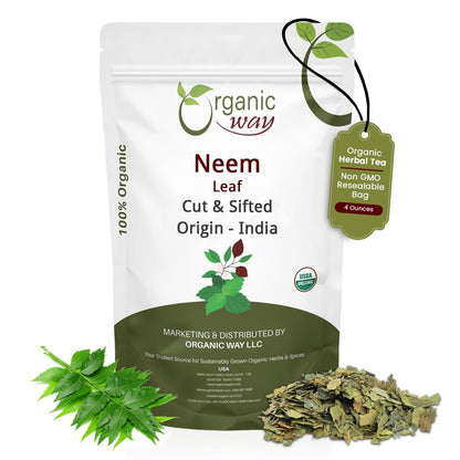 Organic Neem Leaf Cut & Sifted - Herbal Tea | Premium Dried Neem Leaves | USDA Certified | Non-GMO & Gluten Free | Origin India (4 oz)