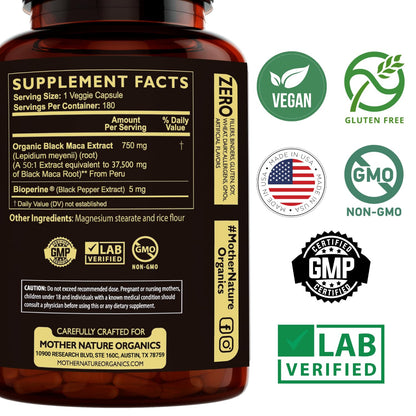 Mother Nature Black Maca 50:1 Extract – 37,500mg per Serving, 180 Vegan Capsules for Men