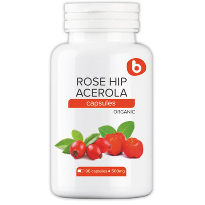 Organic RoseHips & Acerola Capsules – Plant-Based Vitamin C 1000mg | Vegan, GMO-Free (90 Capsules)
