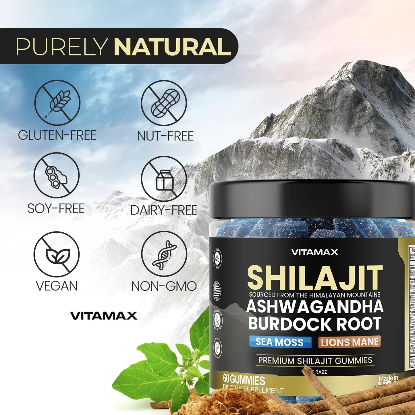 Vitamax Organic Shilajit Gummies with Sea Moss & Ashwagandha – 105+ Minerals, 60 Count