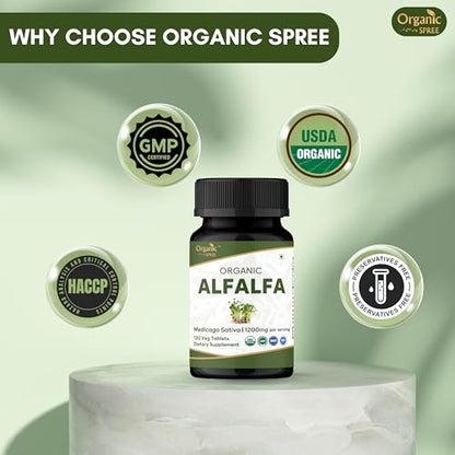 ORGANIC SPREE Alfalfa 120 Tablets | Medicago Sativa (Alfalfa) | USDA Organic Certified | Superfood Supplement with Vitamins and Minerals* | Dietary Supplement 120tab