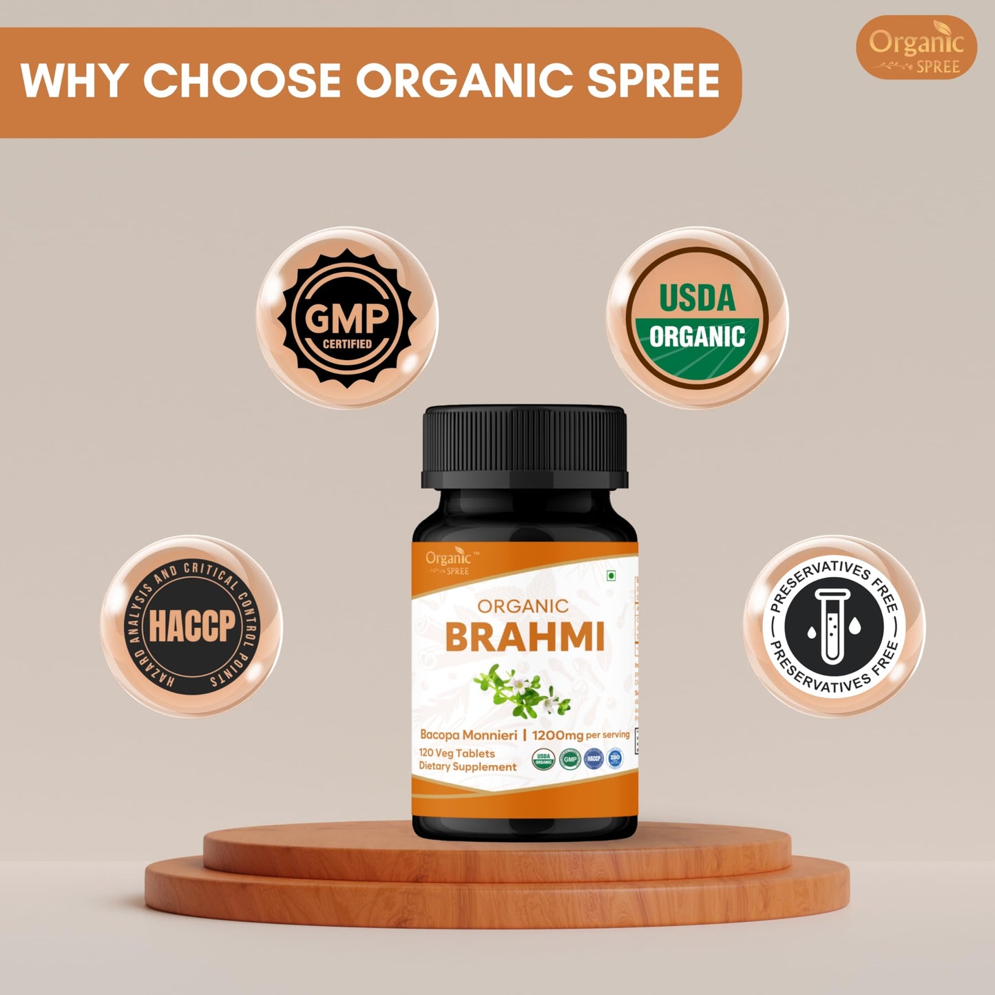 Organic Spree Brahmi Bacopa Monnieri 120 Tabs – USDA Organic – Focus & Memory – Pack of 2