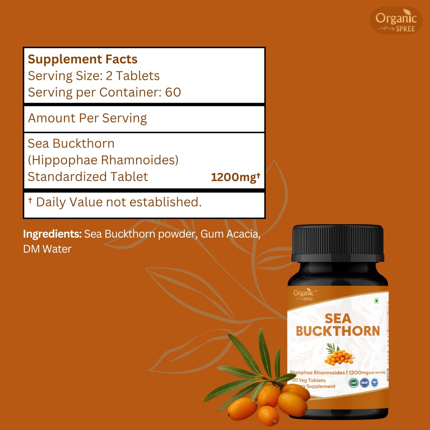 Organic Spree Sea Buckthorn 120 Tablets – Hippophae Rhamnoides – Omega 7 for Skin, Immunity & Wellness* – Pack of 3