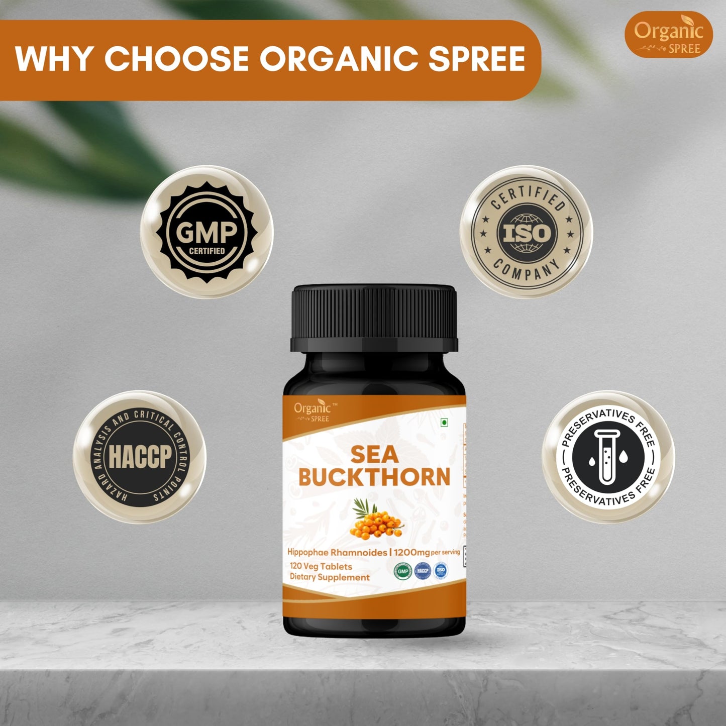 Organic Spree Sea Buckthorn 120 Tablets – Hippophae Rhamnoides – Omega 7 for Skin, Immunity & Wellness* – Pack of 3